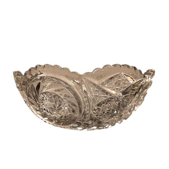 Vintage Cut Crystal Glass Serving Bowl w/ Pinwheel Star Pattern Tooth Edge - Picture 1 of 13